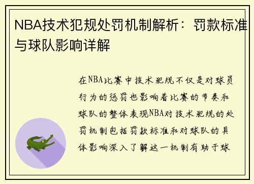 NBA技术犯规处罚机制解析：罚款标准与球队影响详解