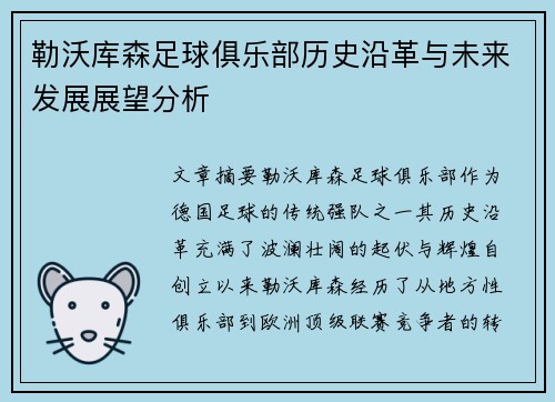 勒沃库森足球俱乐部历史沿革与未来发展展望分析