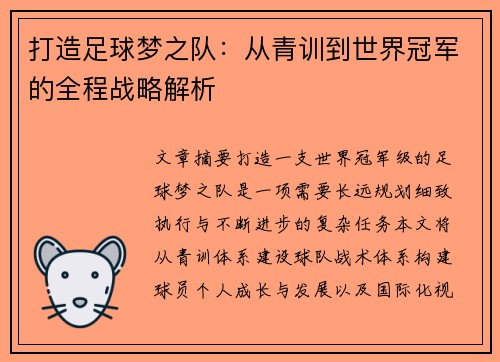 打造足球梦之队：从青训到世界冠军的全程战略解析