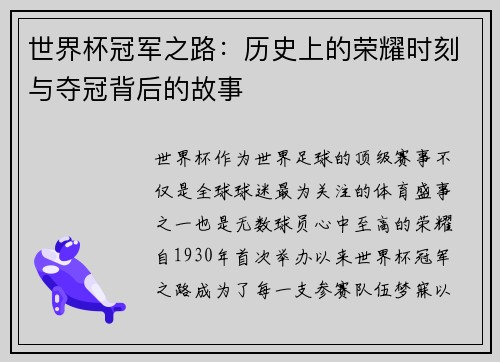 世界杯冠军之路：历史上的荣耀时刻与夺冠背后的故事